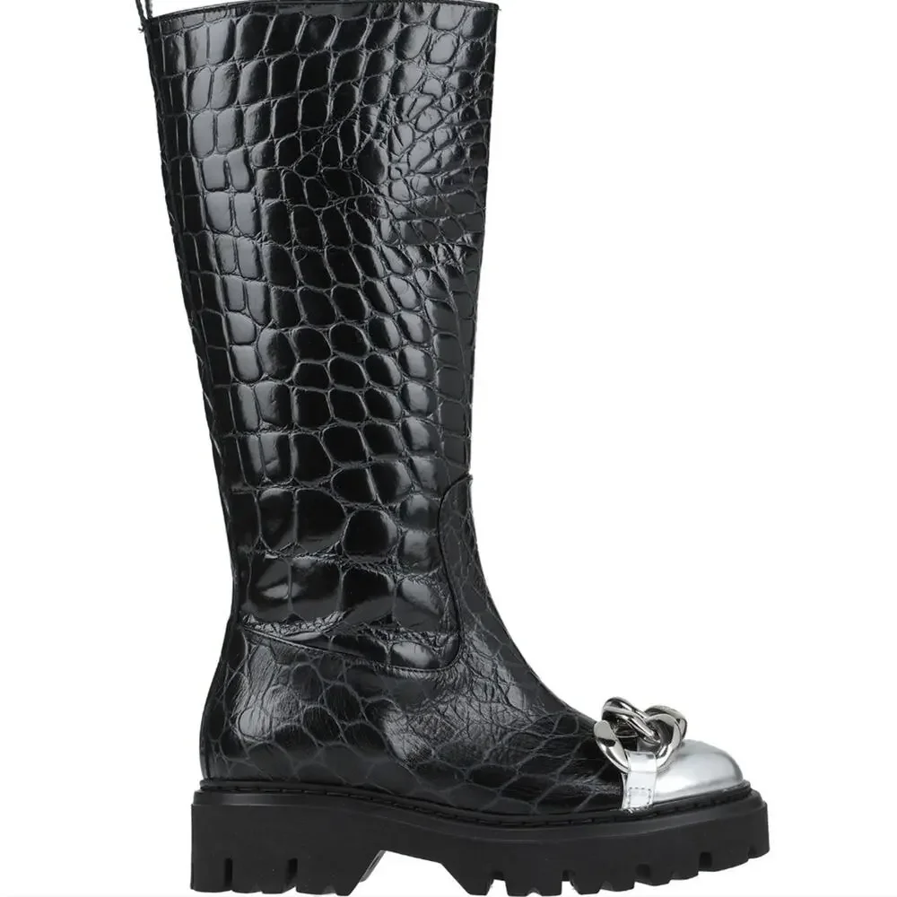 No. 21 Croc embossed black leather platform knee-high boots size 9